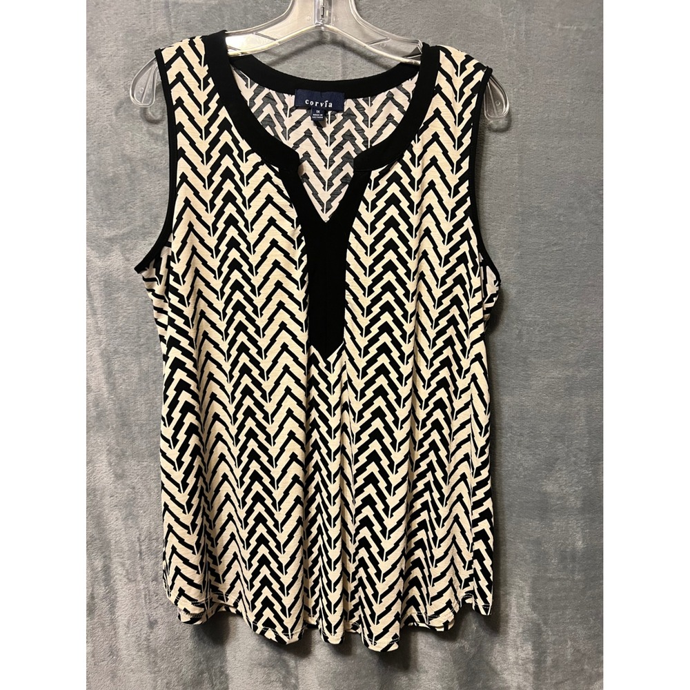 Corvia 1X Sleeveless Chevron Print Blouse Black Cream V Neck Stretch Top